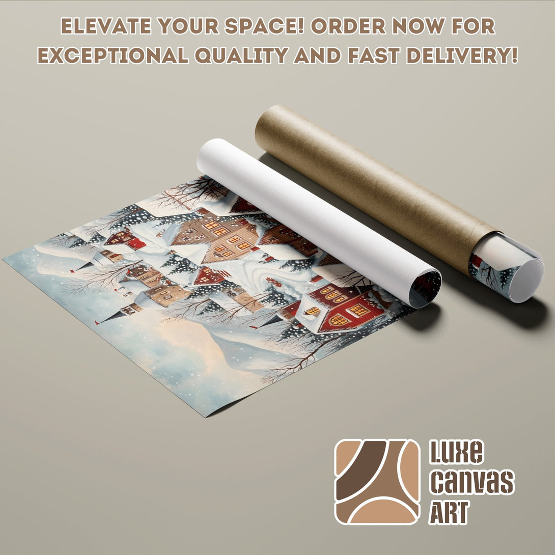 Poster Roll featuring a winter village scene in watercolor style, with a warm color palette.