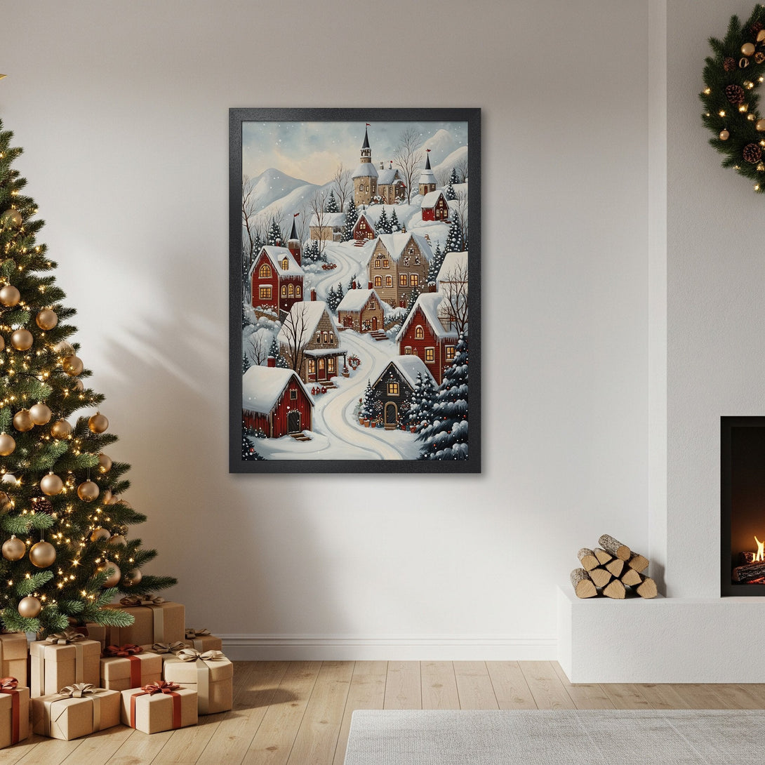 Framed Poster of a snowy village scene in a watercolor style, featuring a warm color palette perfect for holiday decor.