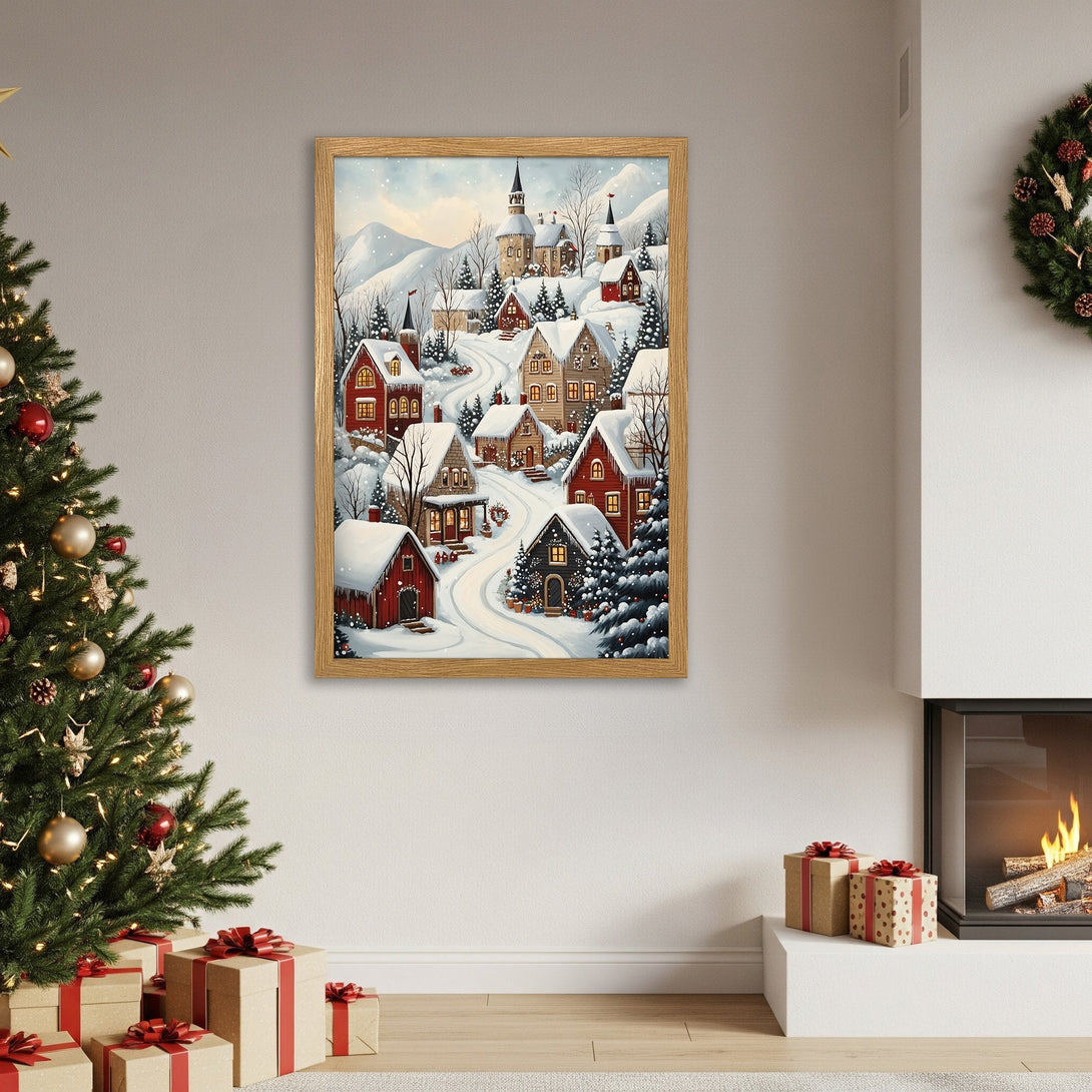 Framed Poster of a winter village scene, warm colors, perfect for holiday decor. Add cozy charm to your home!