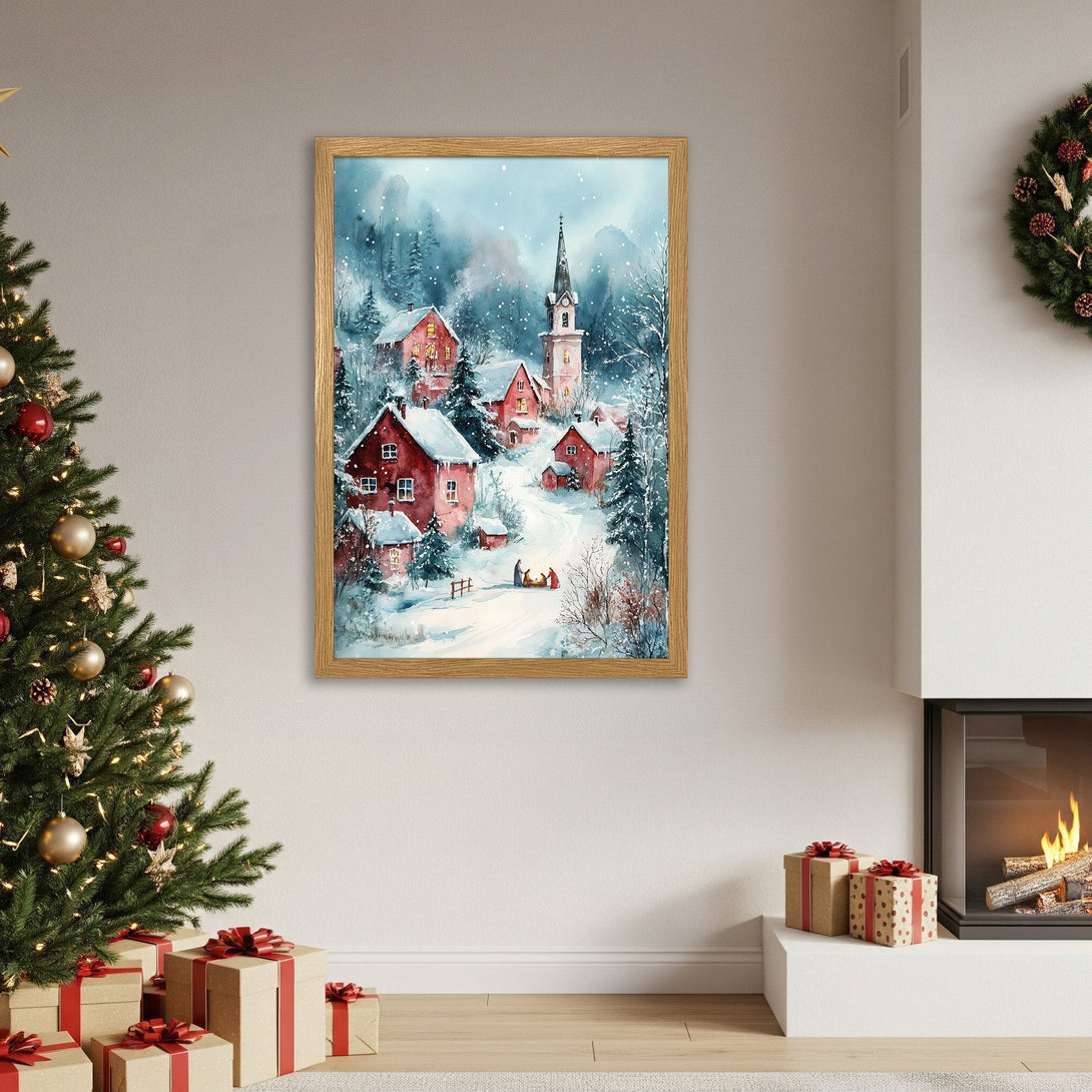 Framed Poster featuring a watercolor winter village scene. Soft blue, red, and white palette. Perfect holiday decor!