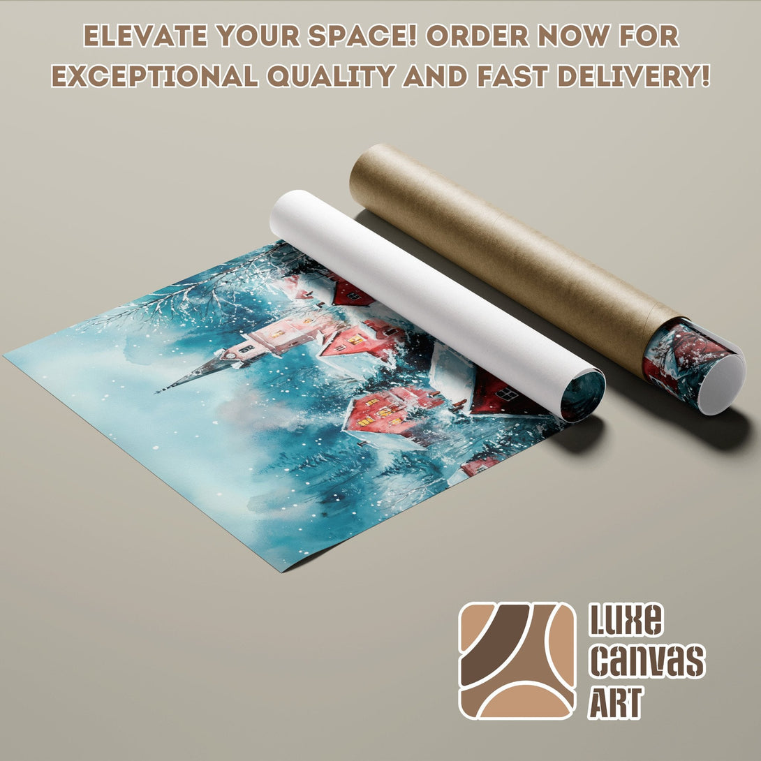 Poster Roll featuring a winter watercolor scene with blue, red, and white hues. Elevate your space today!