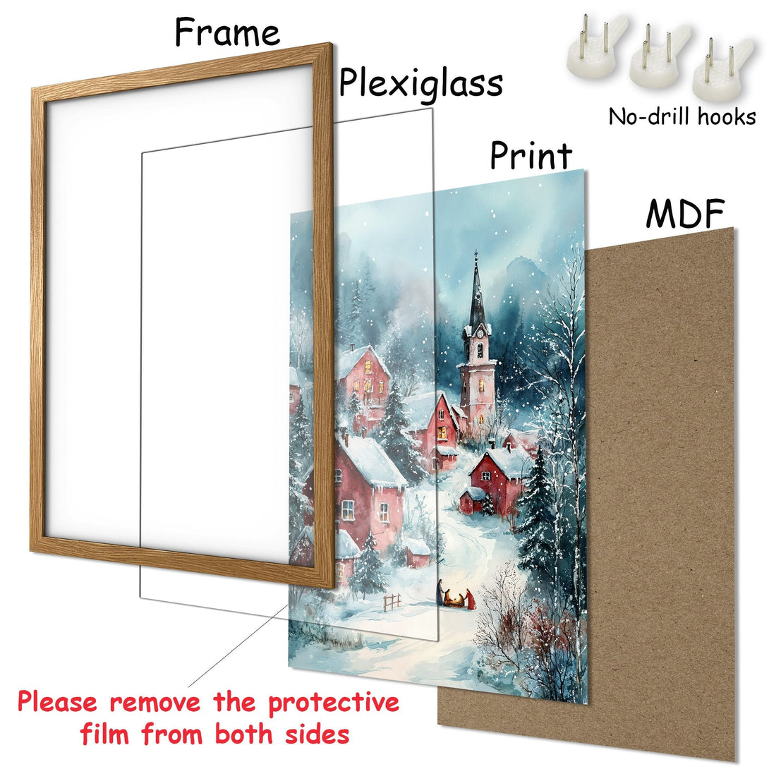 Framed Poster: Winter village watercolor art print. Featuring red houses, snowy scene, and a blue and white color palette. Perfect wall decor!
