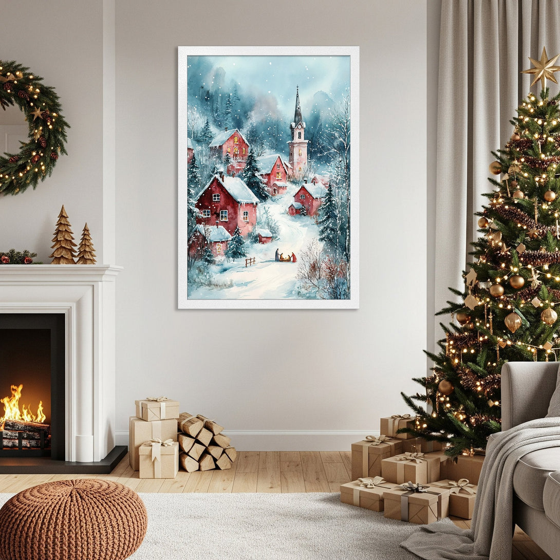 Framed Poster of a snowy village scene in watercolor style, featuring red houses and a blue and white color palette. Perfect Christmas decor.