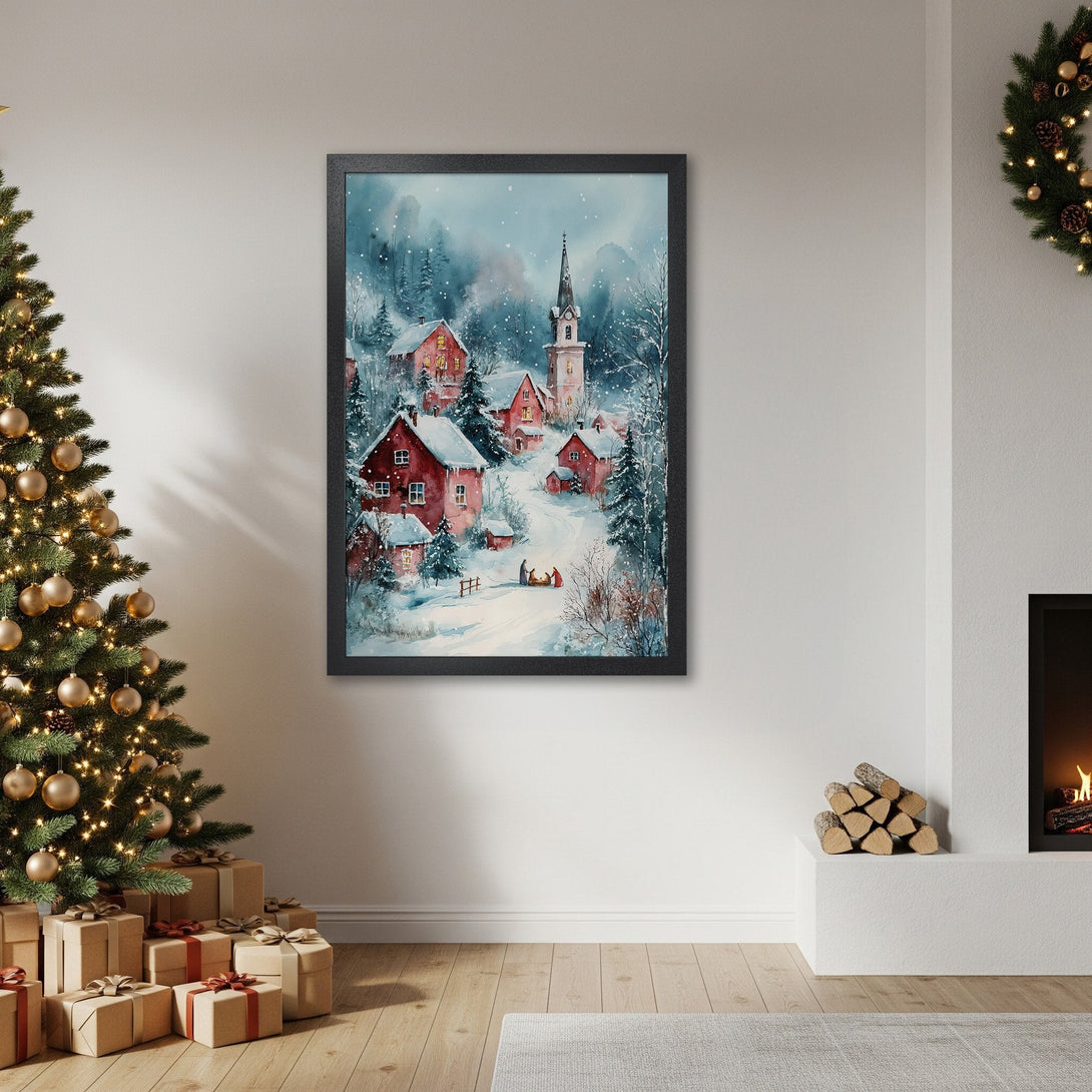 Framed Poster of a winter village scene in watercolor style, featuring red houses, a church, and snowy landscape. Beautiful blue and red tones.