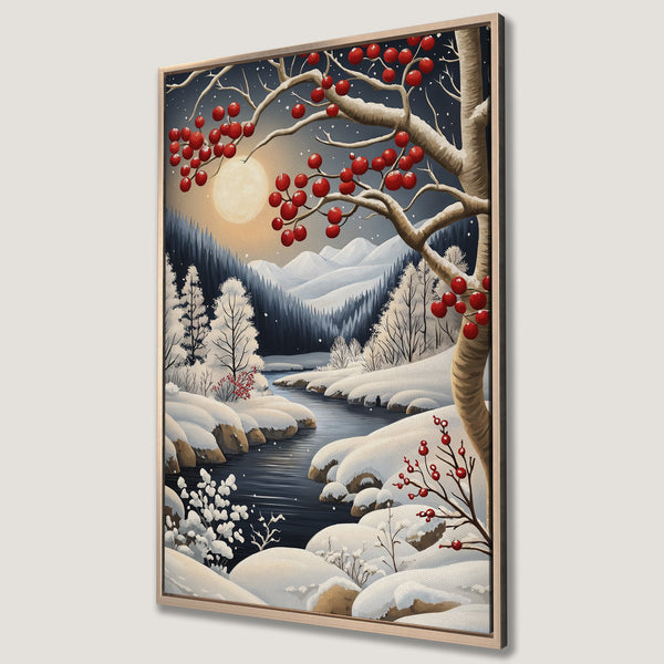 Framed Wall Art Canvas Print of winter landscape with snow-covered trees, river, and red berries. Serene artwork in a cool blue and white palette.