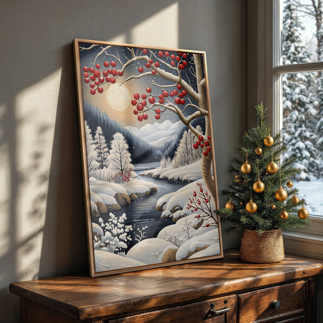 Framed Wall Art: Winter landscape Canvas Print with snowy river, red berries, and a neutral color palette. Perfect for cozy home decor.