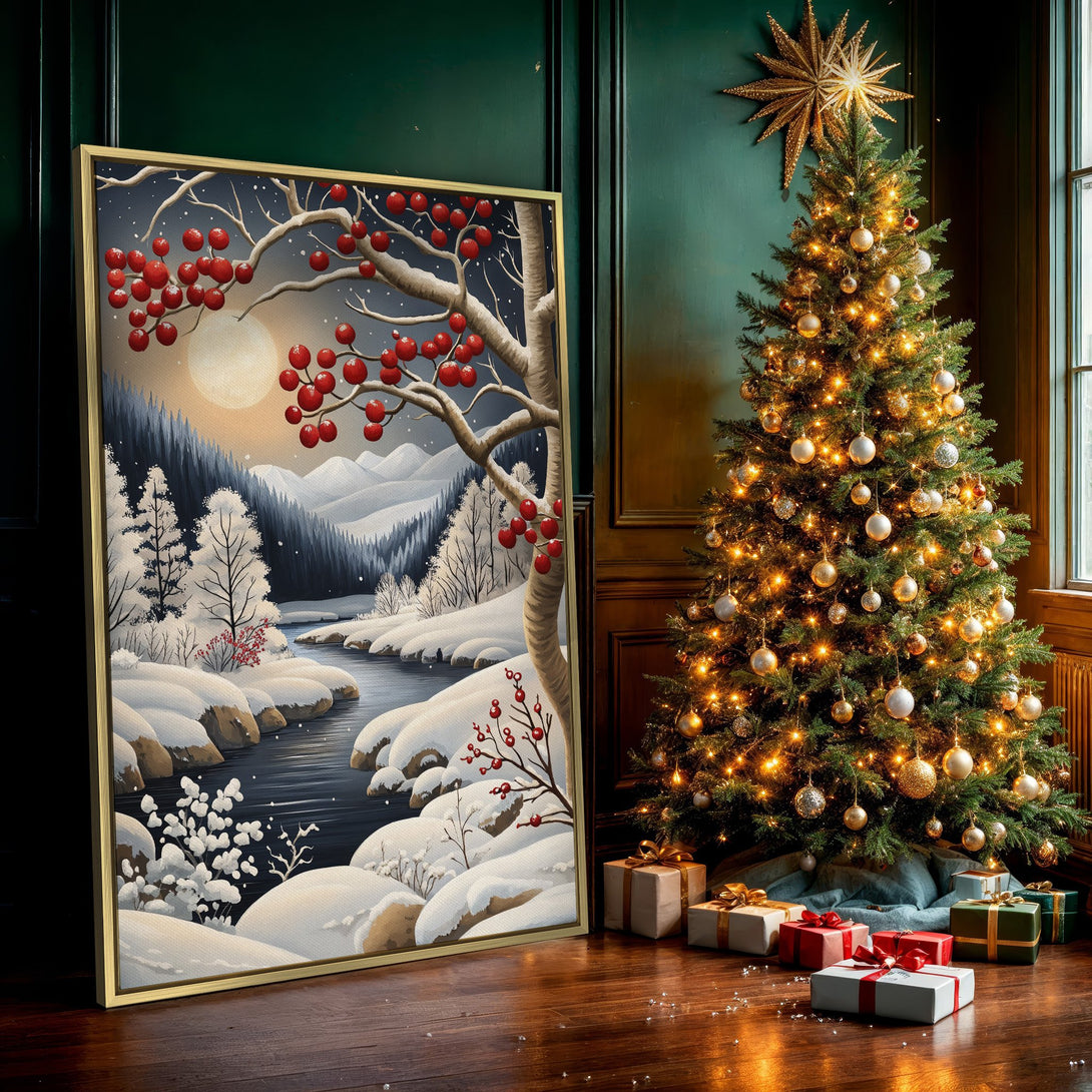 Canvas Print of a winter landscape with a river, trees, and red berries. Features a serene, illustrative style in a cool, muted color palette.