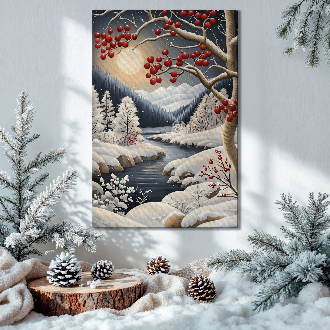 Framed Wall Art: Winter landscape canvas print with red berries, snowy scene, and a gold frame. Perfect for holiday decor!