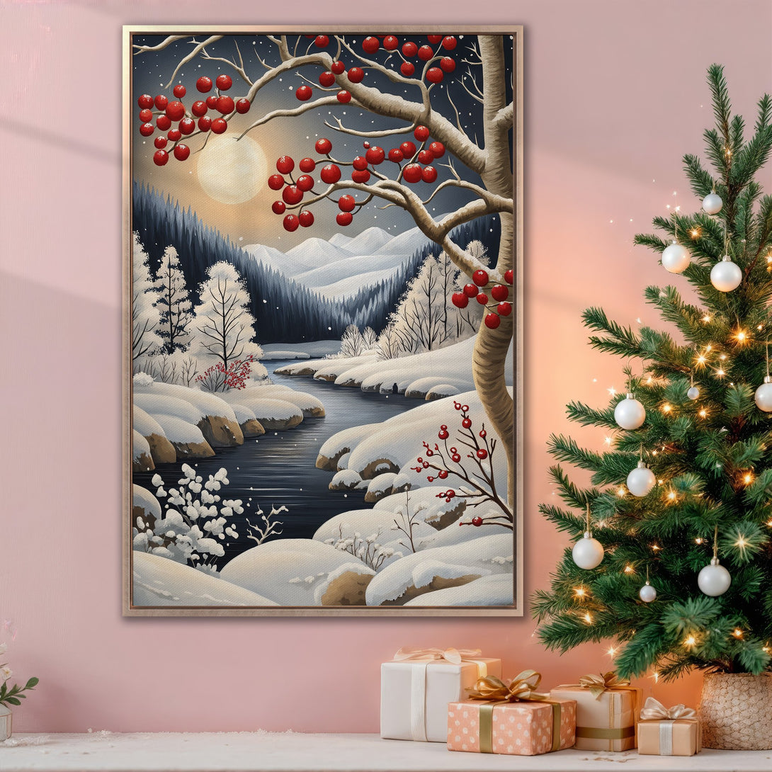 Framed Wall Art: Winter landscape Canvas Print with snowy river, red berries, and a warm color palette. Perfect holiday decor!