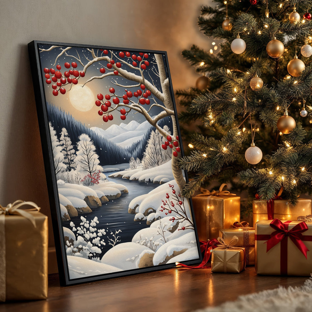 Framed Wall Art: Winter landscape Canvas Print with red berries, snowy river, and mountains.  Cool blue, white, and red color palette.  Perfect holiday decor.