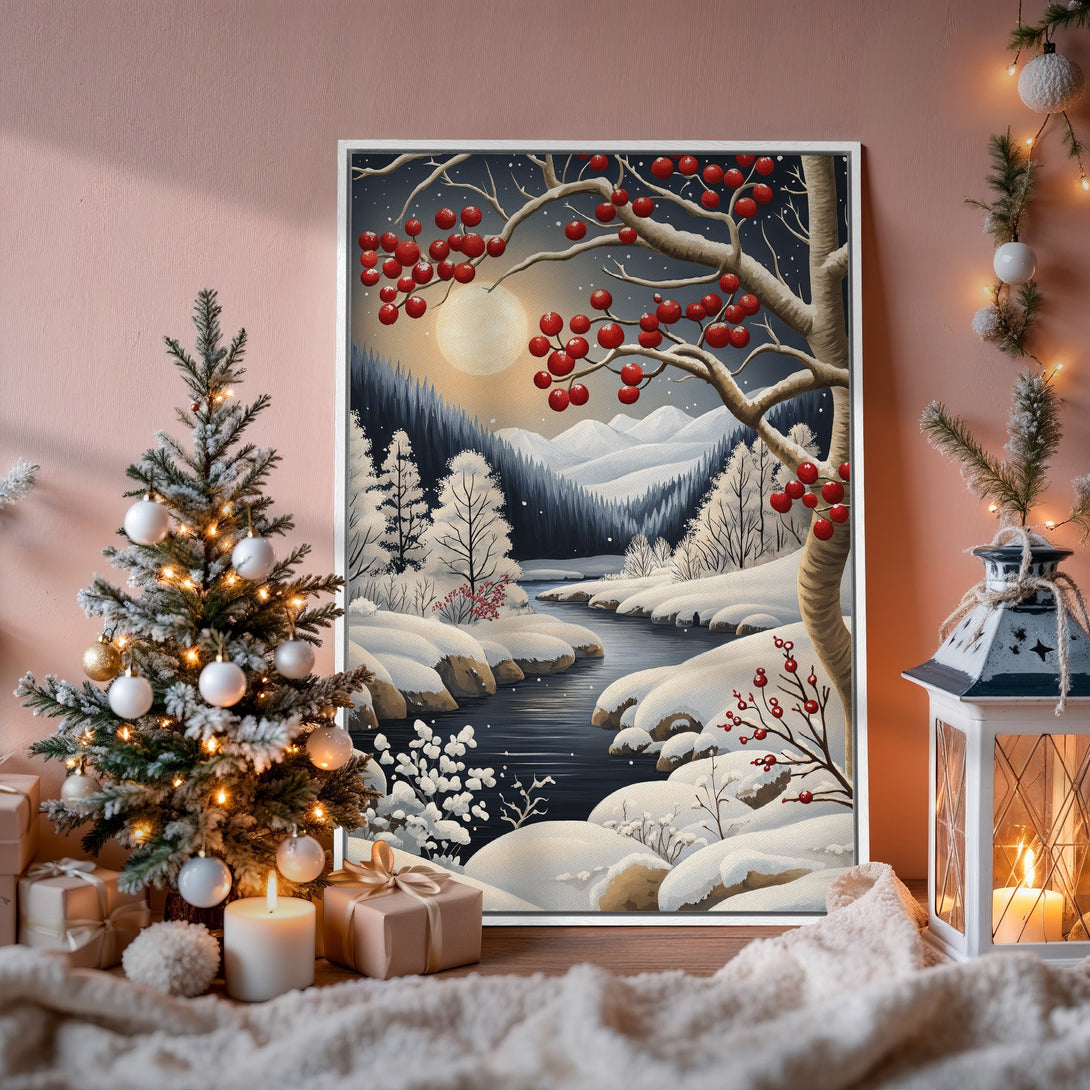 Framed Wall Art: Winter landscape canvas print with snowy river, red berries, and cool blue/white tones. Perfect for cozy holiday decor!