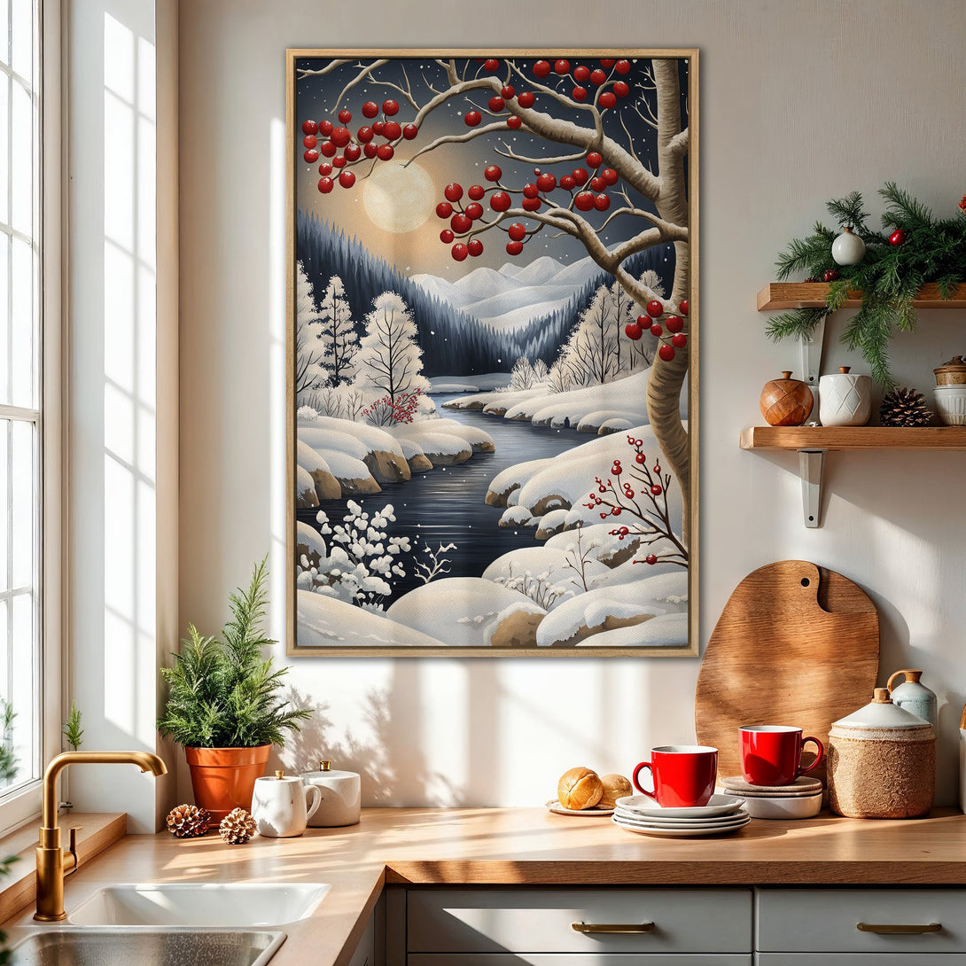 Framed Wall Art: Winter landscape Canvas Print with snowy river, red berries, and cool blue/white tones. Perfect for cozy home decor.