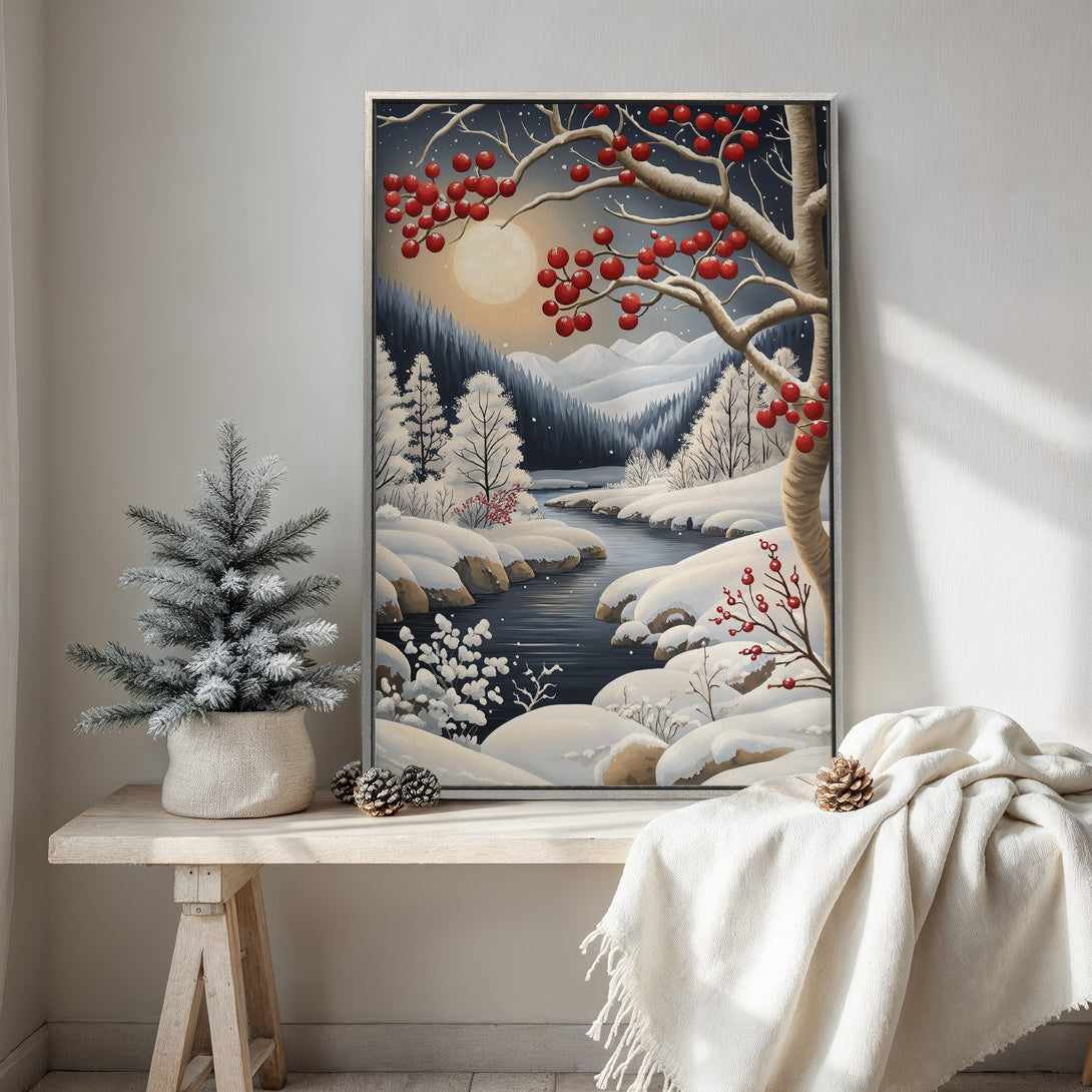 Framed Wall Art: Winter landscape Canvas Print with snowy river, red berries, and cool blue/white tones. Perfect for cozy home decor.