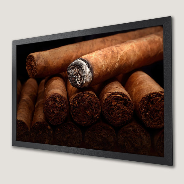 Framed Poster featuring cigars in a warm, brown color palette. A stylish print perfect for home decor.