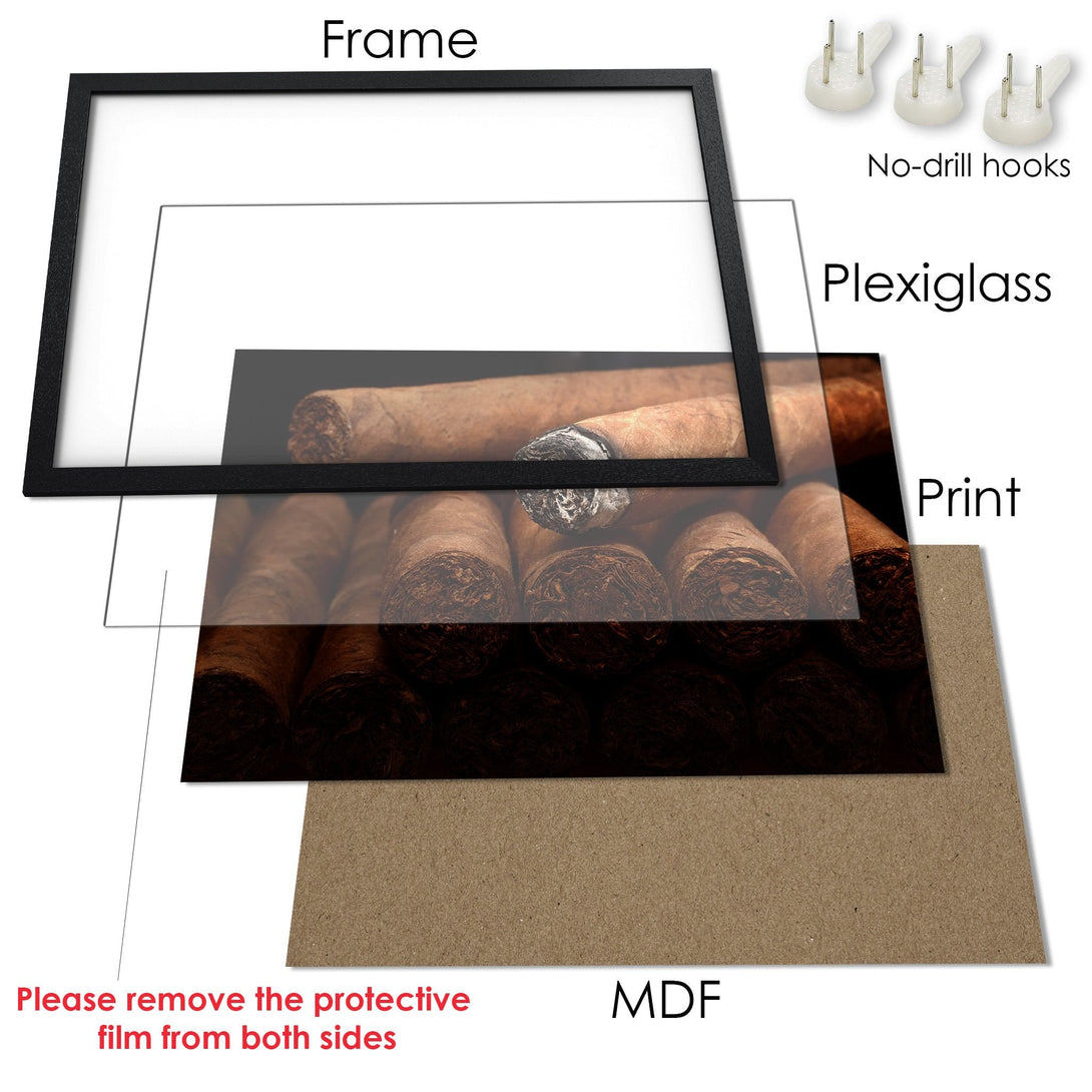 Framed Poster featuring cigars, warm brown tones. Perfect wall art for your home or office.