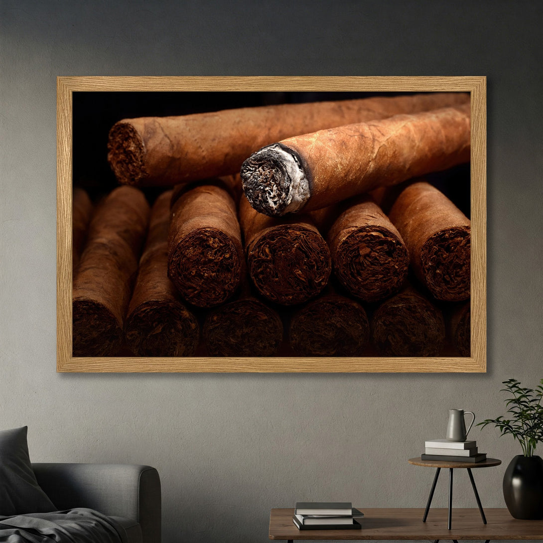 Framed Poster featuring a stack of cigars, warm brown tones, and a luxurious, sophisticated style. Perfect for home decor.