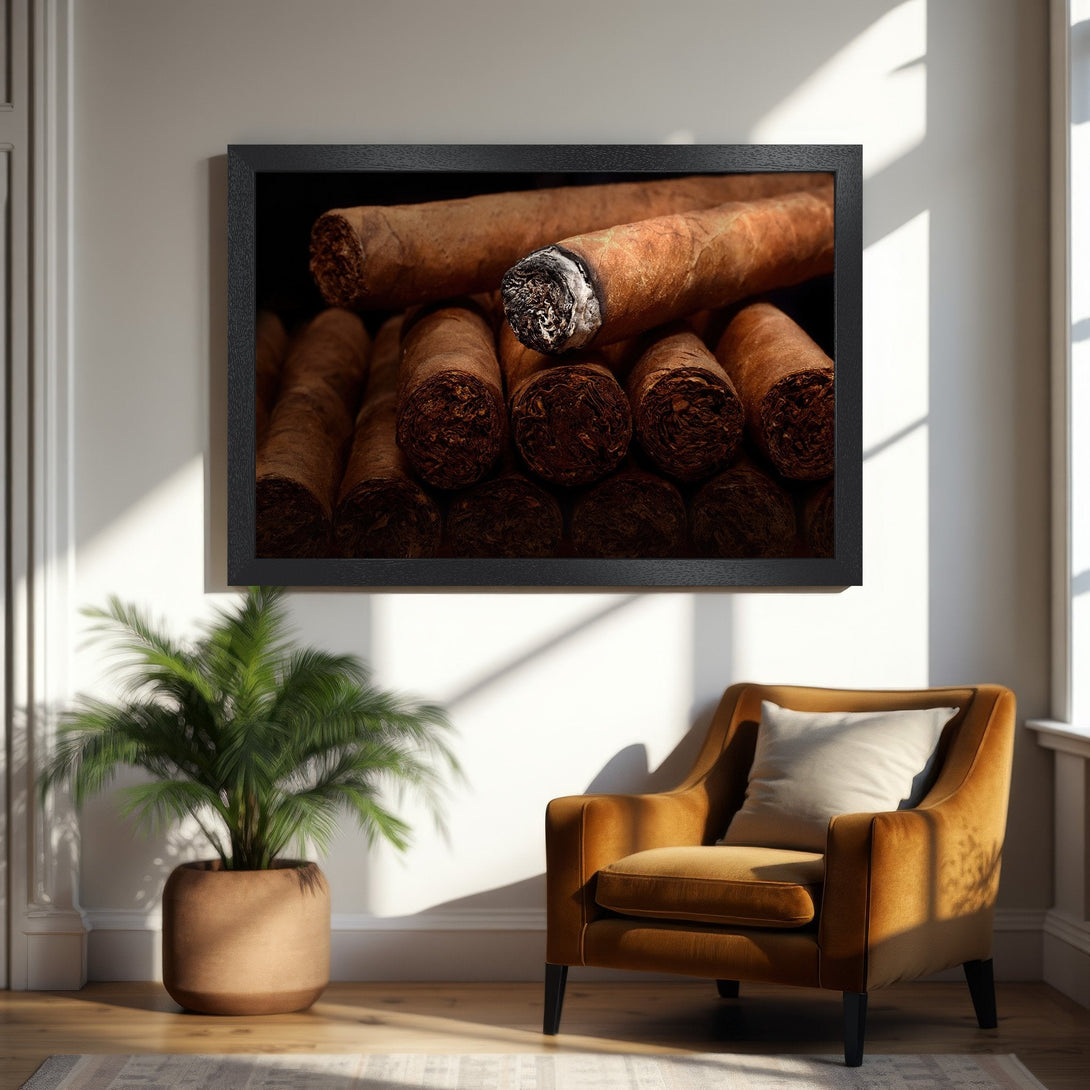 Framed Poster featuring cigars in warm brown tones, perfect for adding a touch of luxury to your home decor.