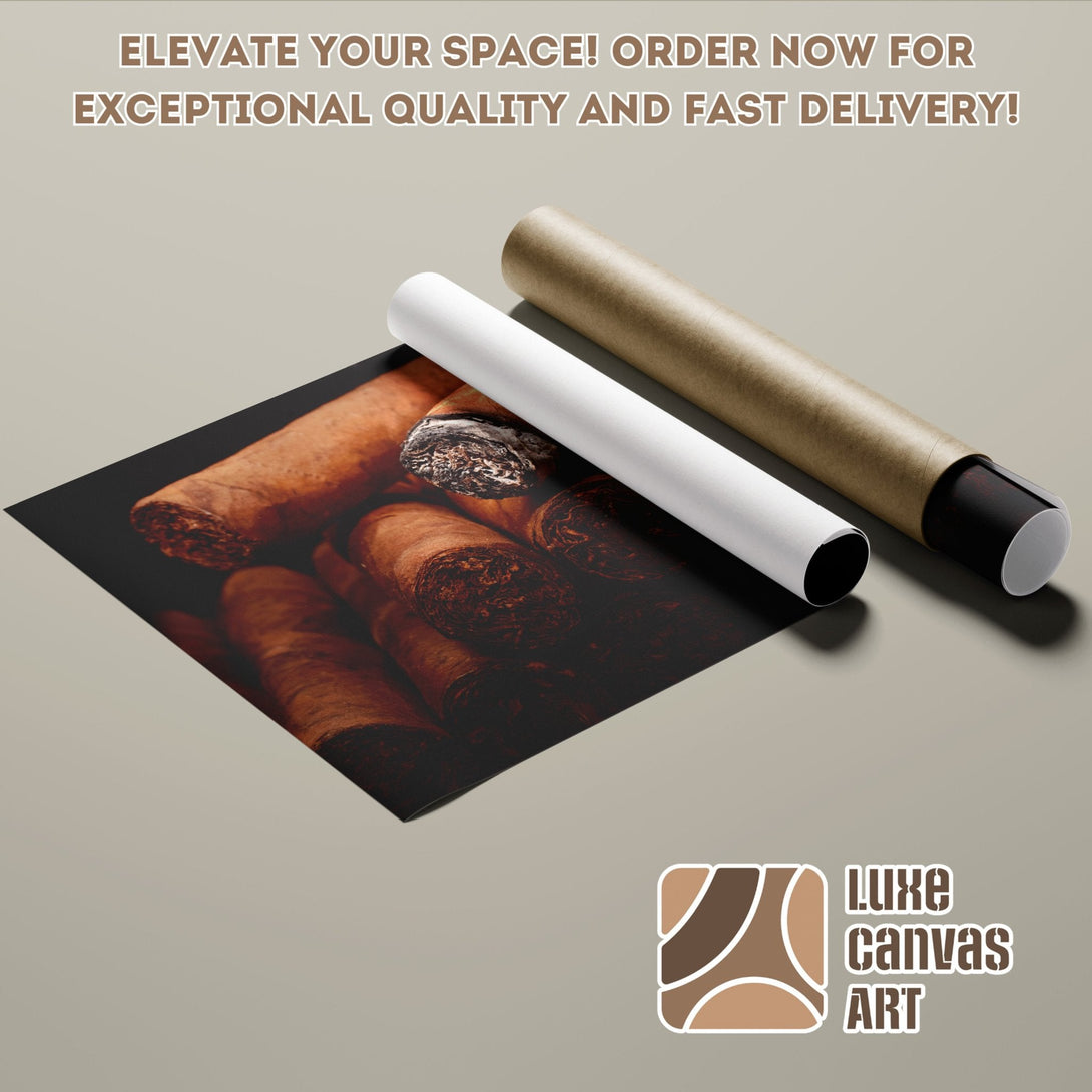 Poster Roll featuring cigars, warm brown tones. Elevate your space with this high-quality art poster.