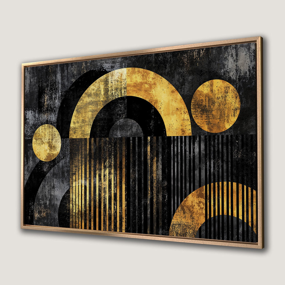Framed Wall Art: Abstract geometric art in black, gold, and grey. Modern canvas print with a textured, grunge style, perfect for any interior.