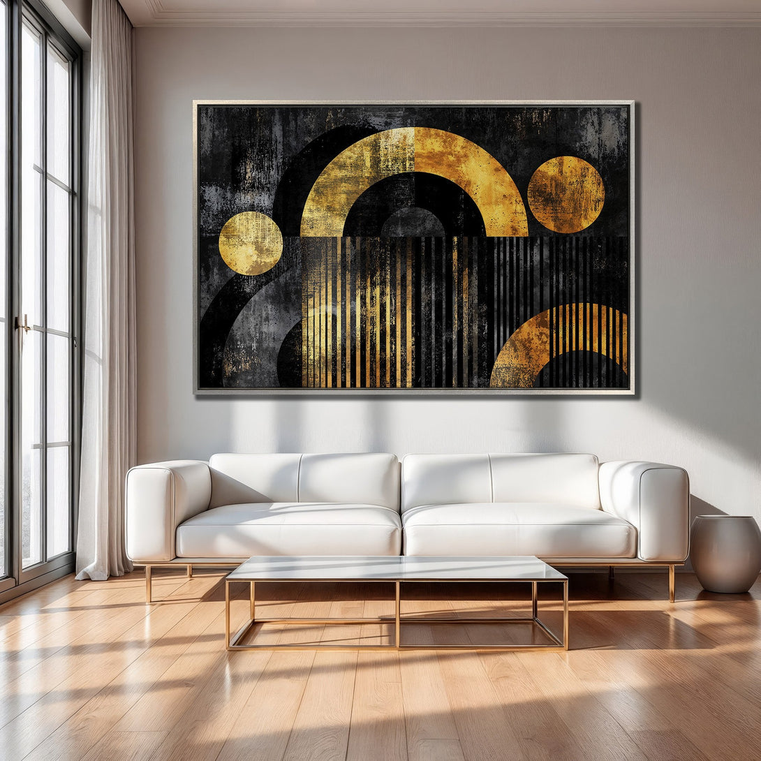 Framed Wall Art: Modern abstract art in black, gold, and gray tones. Elevate your space with this stylish canvas print.