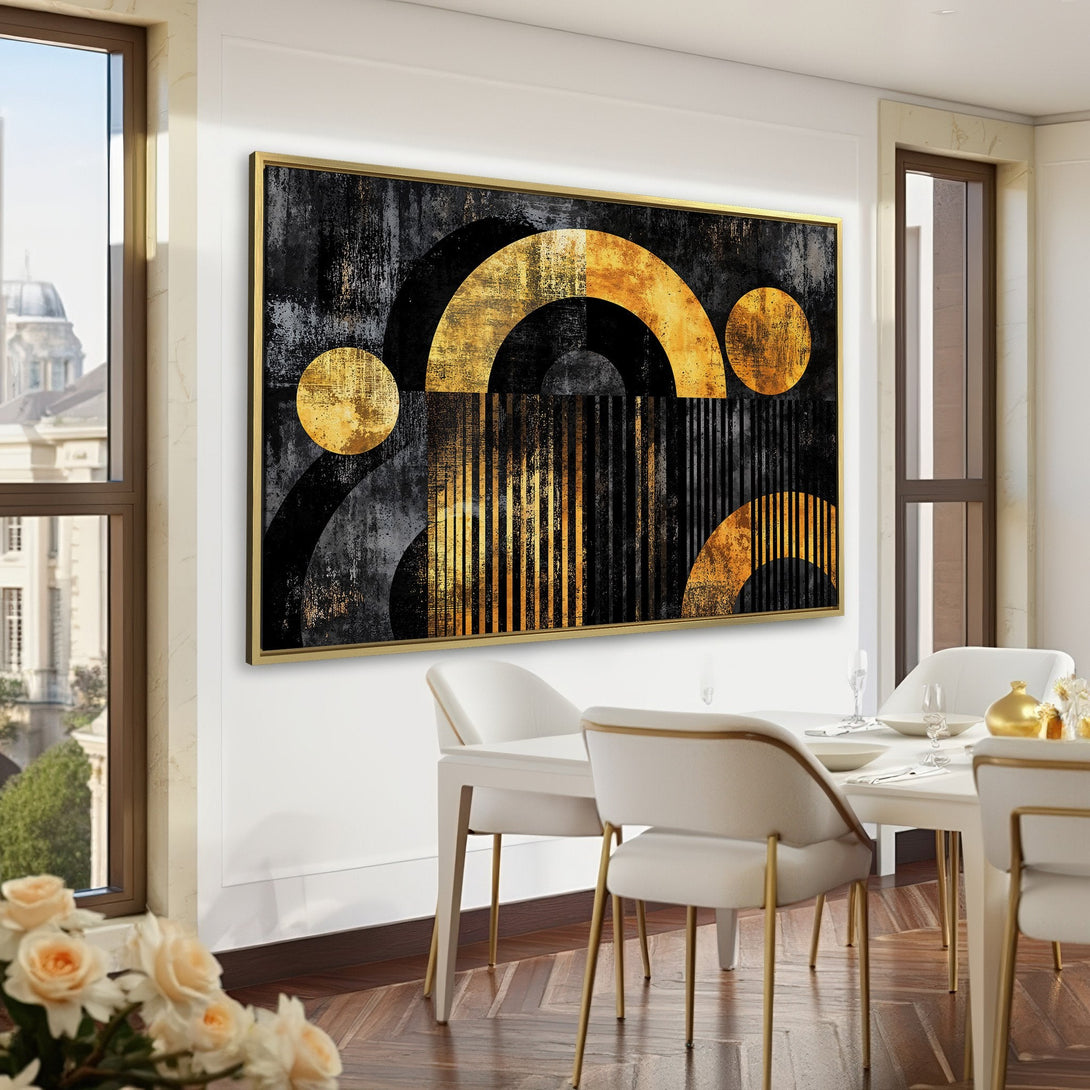 Abstract Canvas Print in black, gold, and gray tones. Modern art for your home. Adds sophistication to any space.