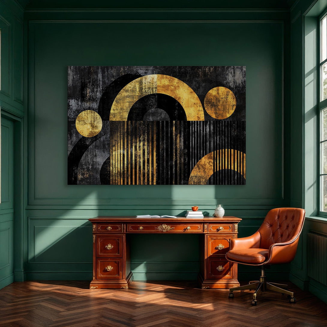 Framed Wall Art: Modern abstract art in black, gold, and gray. Geometric shapes create a stylish focal point for any dining room.