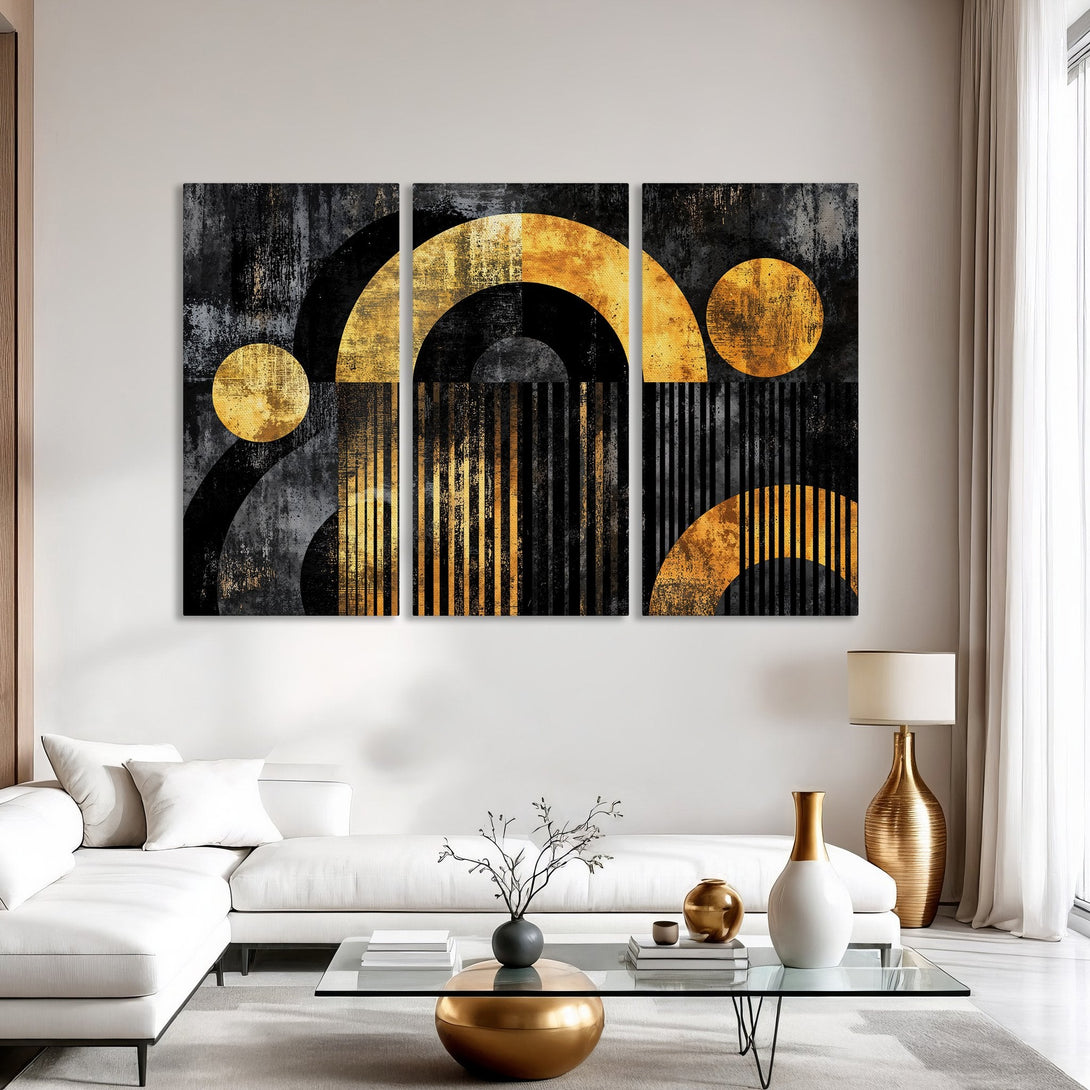 Abstract Canvas Print art in gold and black. Modern geometric design for stylish home decor. Adds a touch of luxury to any space.