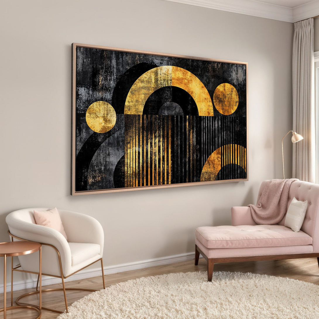Framed Wall Art: Abstract geometric art print in black, gold, and gray. Modern art canvas print for living room decor.