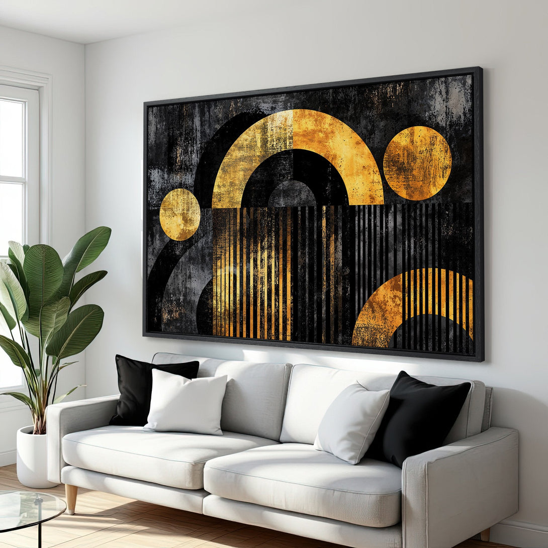 Framed Wall Art: Abstract geometric art in black, gold, and gray. Modern canvas print adds a stylish touch to any interior decor.
