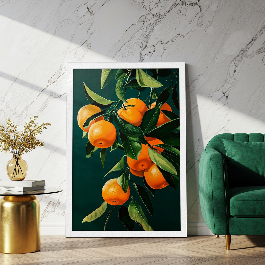 Framed Poster featuring vibrant oranges on a green background. Modern art style with a warm orange and deep green color palette, perfect home decor.