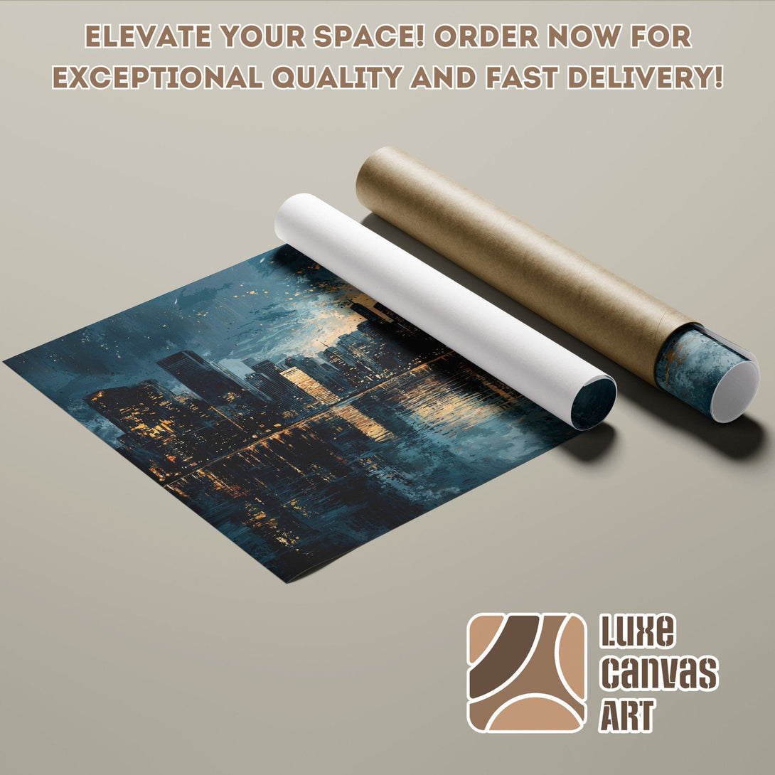 Poster Roll of a city skyline painting in blue and gold tones. Elevate your space!