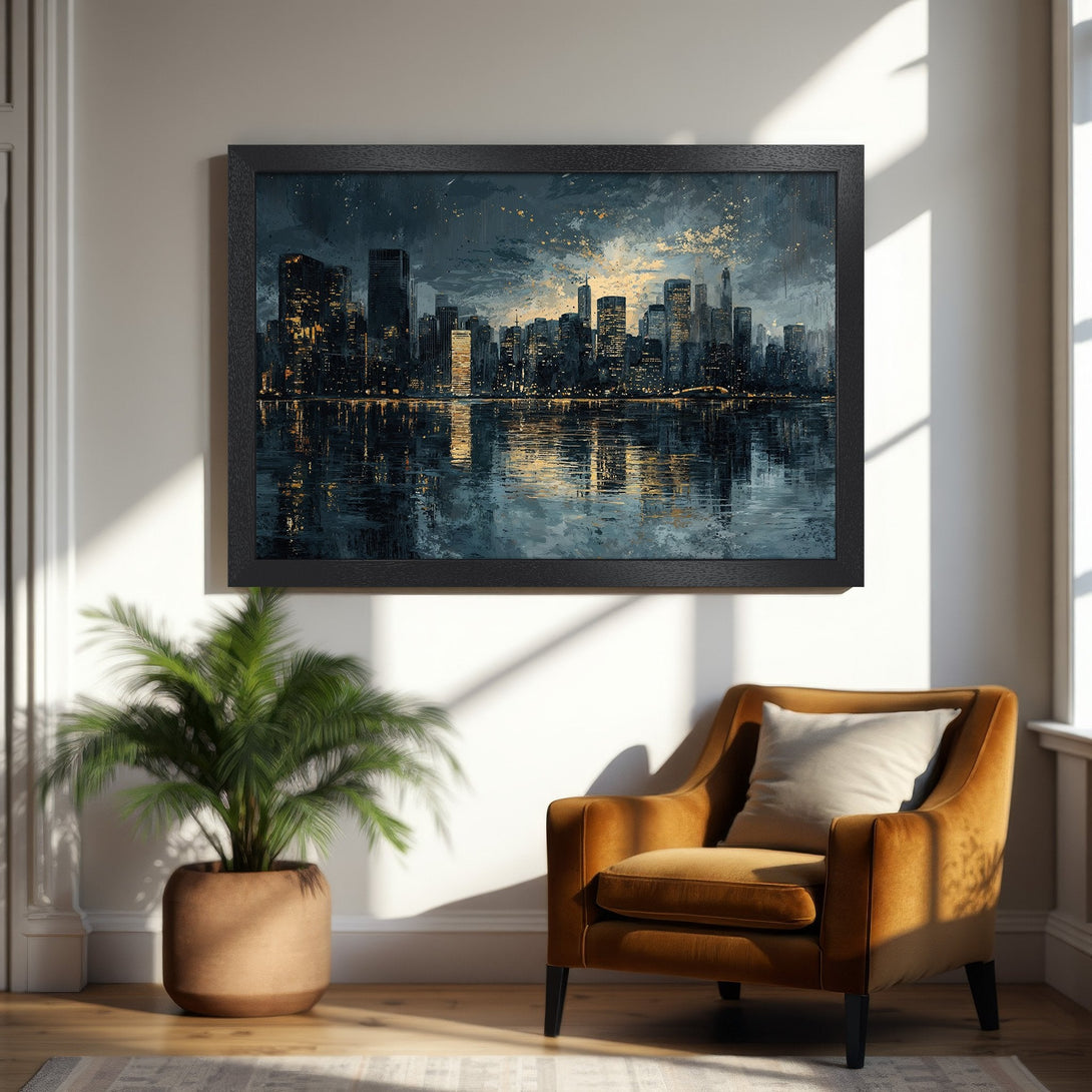 Framed Poster of a cityscape in a painterly style with a dark blue and gold color palette. Perfect wall art for any home!