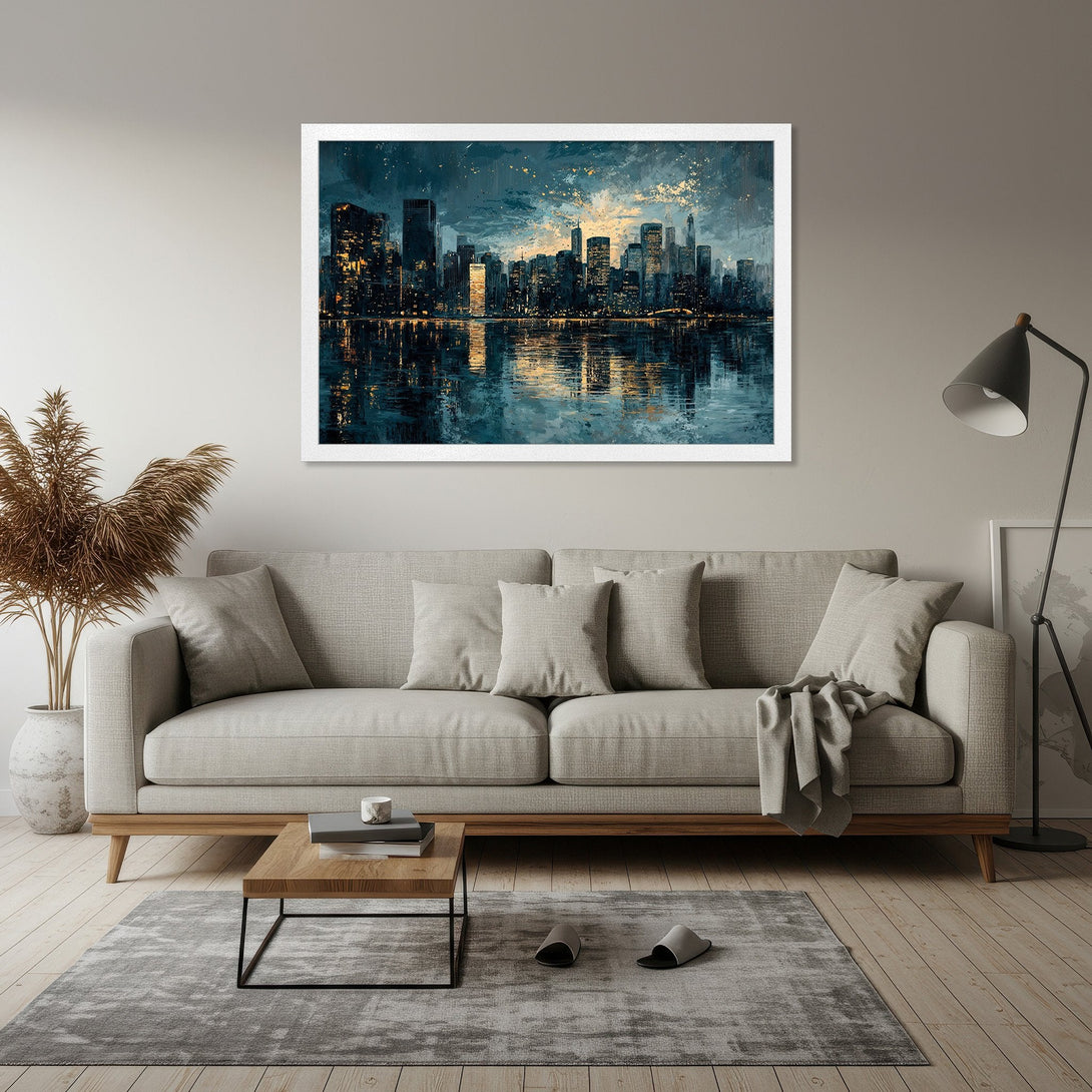 Framed Poster of a city skyline at night. Artistic style with a dark blue and gold color palette. Perfect wall art for your home!