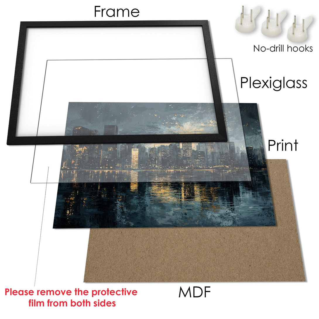 Framed Poster of a city skyline in a moody, painterly style with a blue and gold color palette. Perfect wall art!