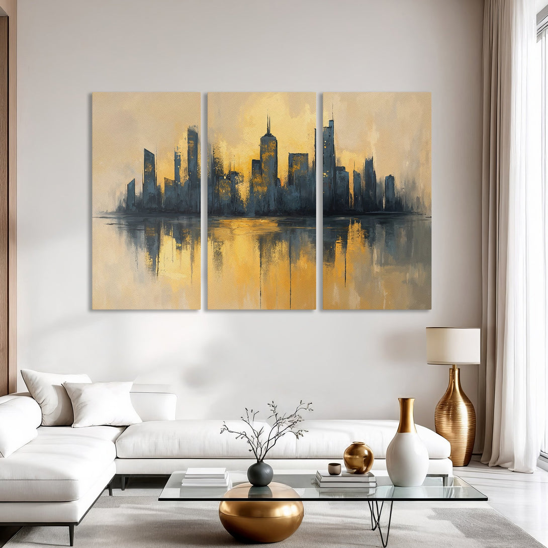 Abstract Canvas Print of a cityscape in muted gold and blue tones, perfect for modern living room decor.