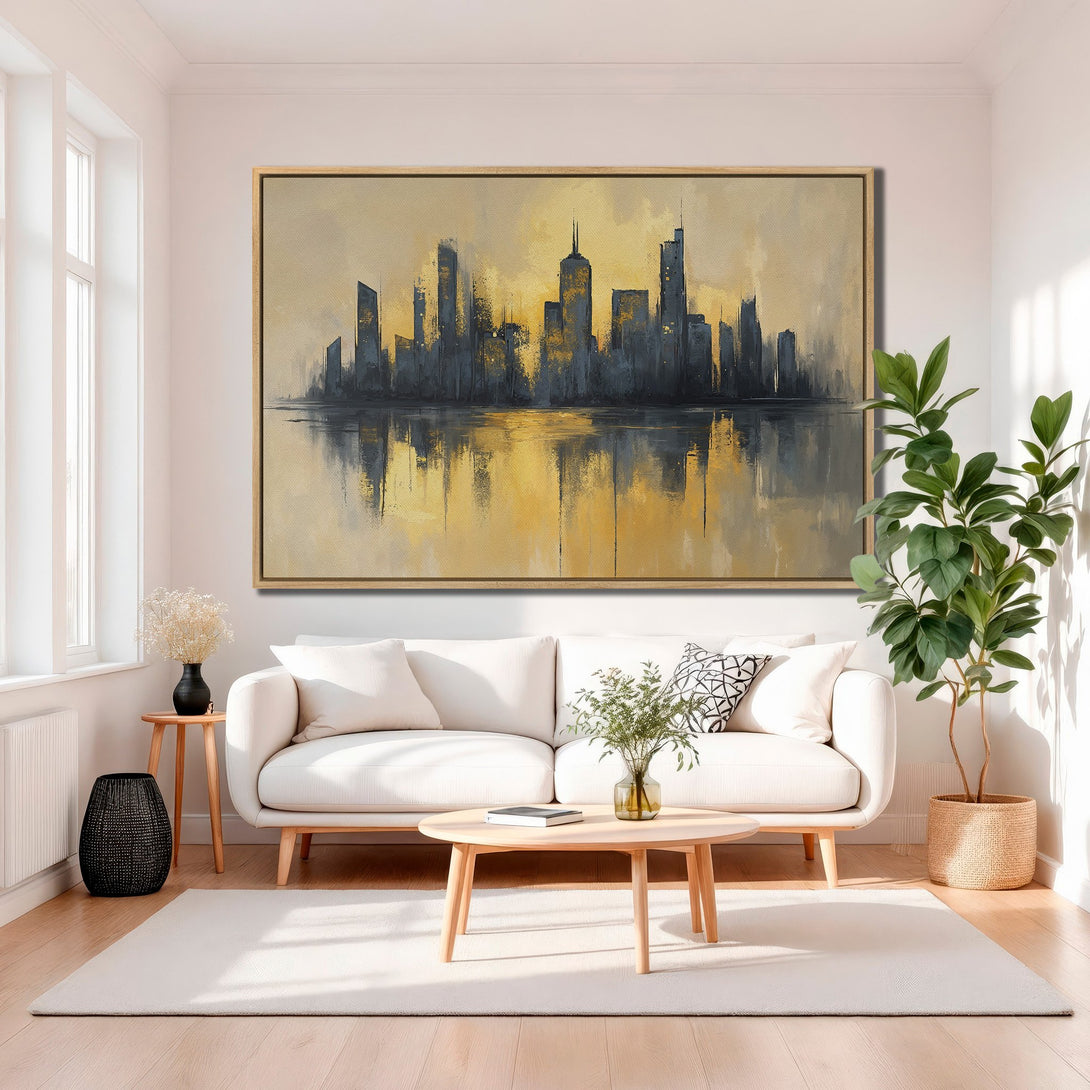 Framed Wall Art featuring a modern cityscape painting in a warm yellow and blue color palette, perfect for living room decor.