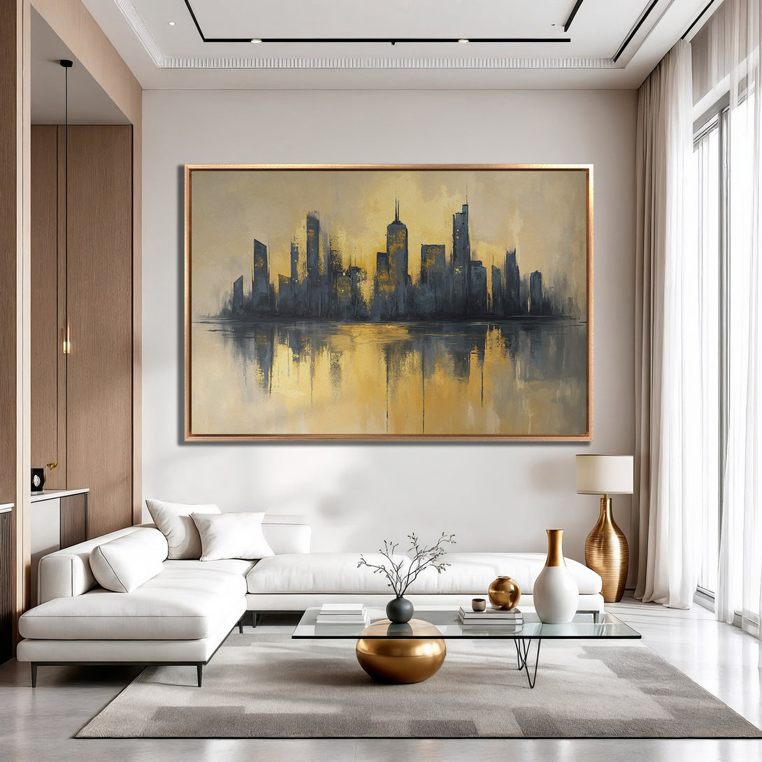 Framed Wall Art: Abstract cityscape Canvas Print in gold and navy, perfect for modern home decor. Adds a touch of elegance to any room.
