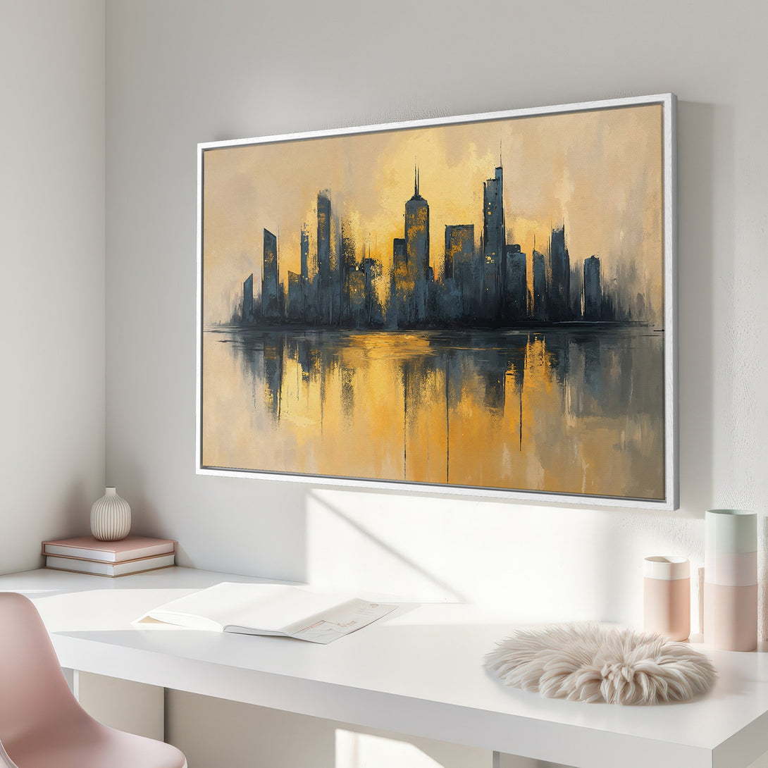 Framed Wall Art: Abstract cityscape Canvas Print in warm yellow and blue tones. Modern artwork for home decor, featuring a skyline and reflection.