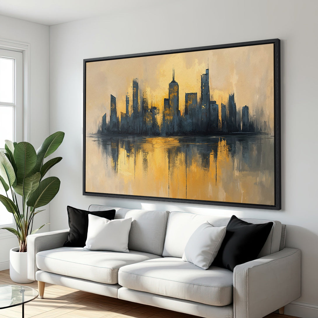 Framed Wall Art: Abstract cityscape Canvas Print in gold and navy. Modern art for living room decor. Elevate your space with this stunning piece.