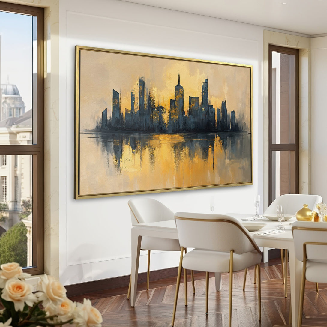 Canvas Print of a cityscape in a modern interior, featuring a warm yellow and black color palette. Perfect for adding art to your home or office.