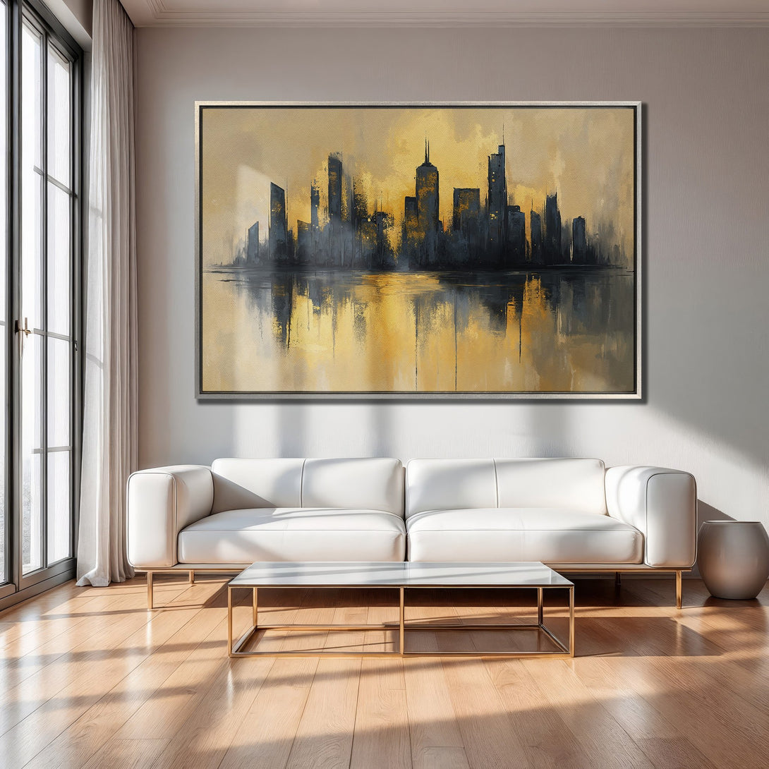 Framed Wall Art: Abstract cityscape canvas print in gold and navy tones, displayed in a modern living room setting.