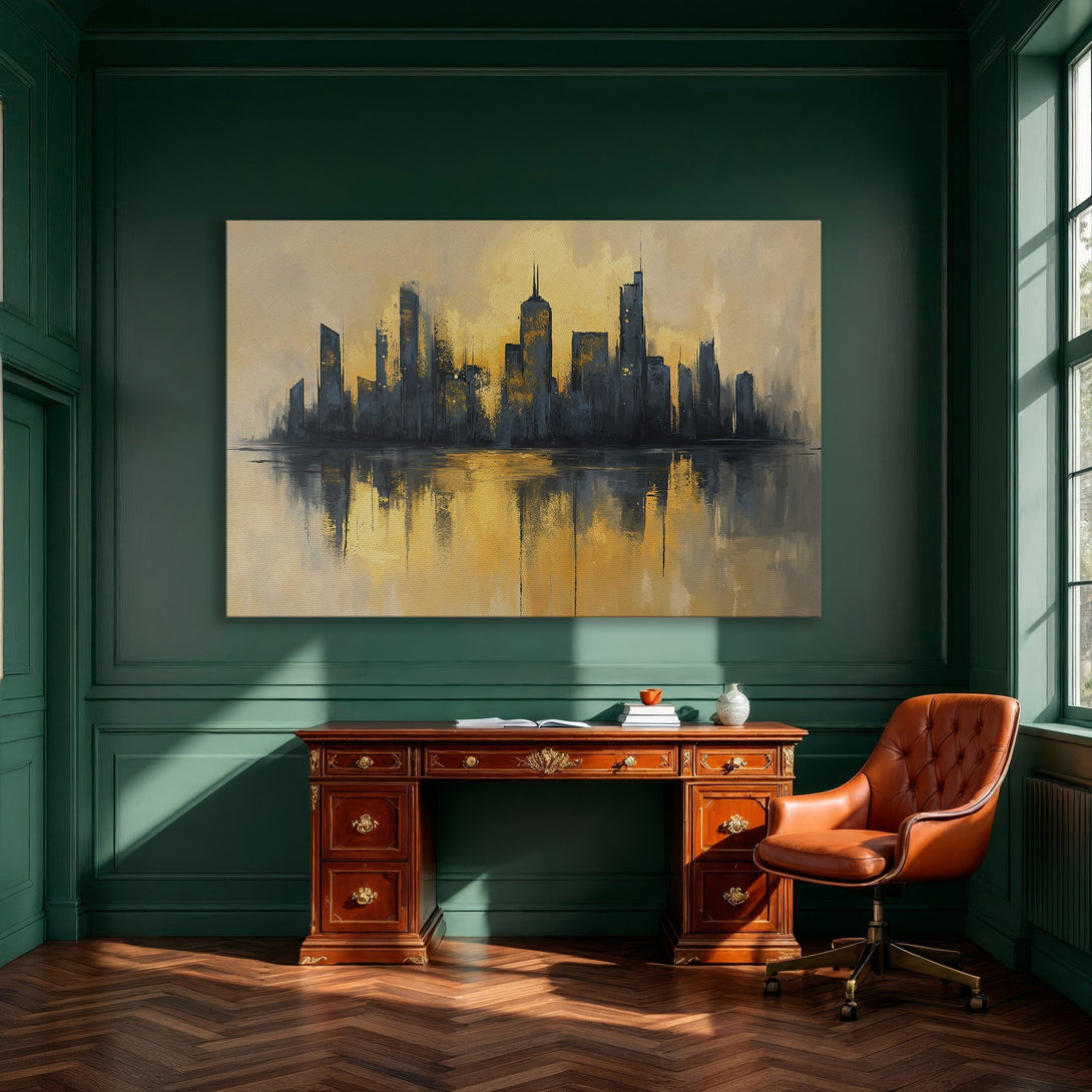 Framed Wall Art: Abstract skyline painting in gold and navy tones. Modern decor for dining room. Enhance your space with this stunning Canvas Print.