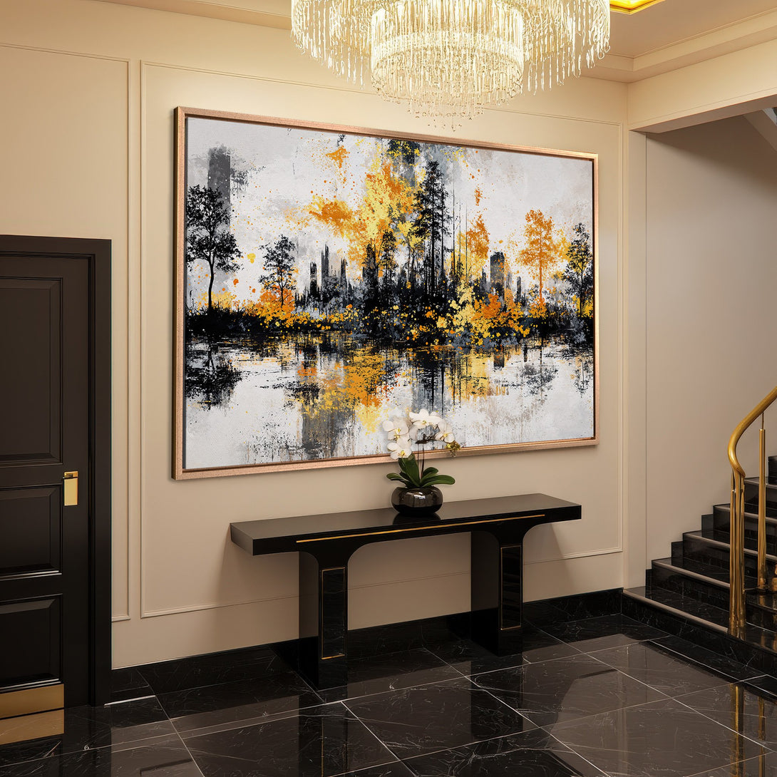 Framed Wall Art: Abstract landscape Canvas Print with black, gold, and white color palette. Modern art perfect for home decor.