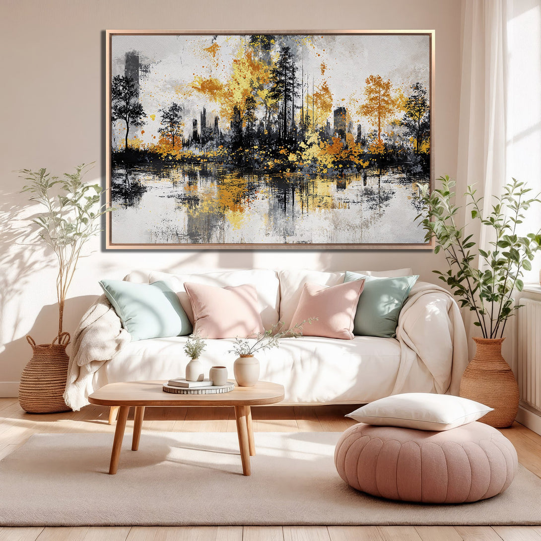 Framed Wall Art: Abstract landscape in gold, black, & gray. Modern art Canvas Print adds a touch of elegance to any interior. Shop now!