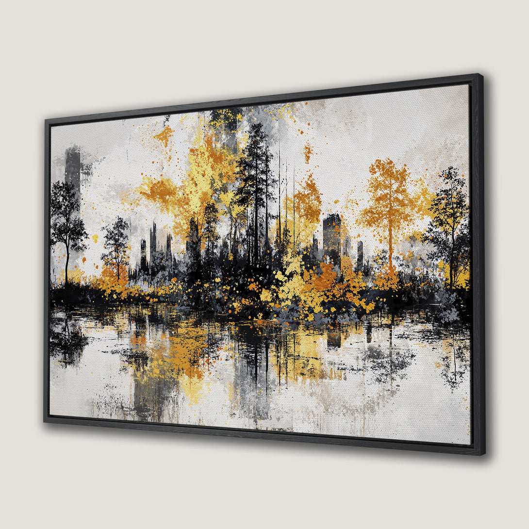 Framed Wall Art: Abstract landscape Canvas Print with gold, black, and gray tones. Modern art for home decor.