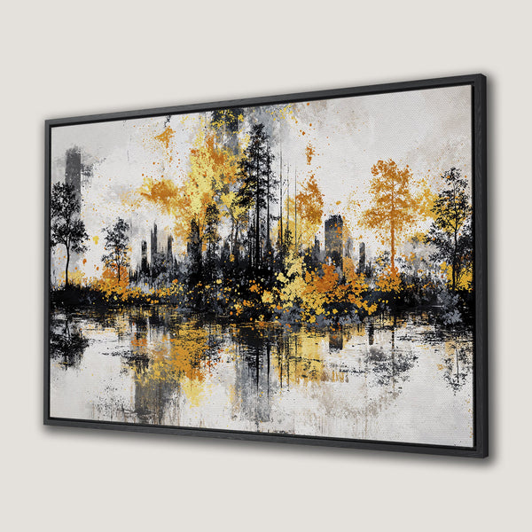 Framed Wall Art: Abstract landscape Canvas Print with gold, black, and gray tones. Modern art for home decor.