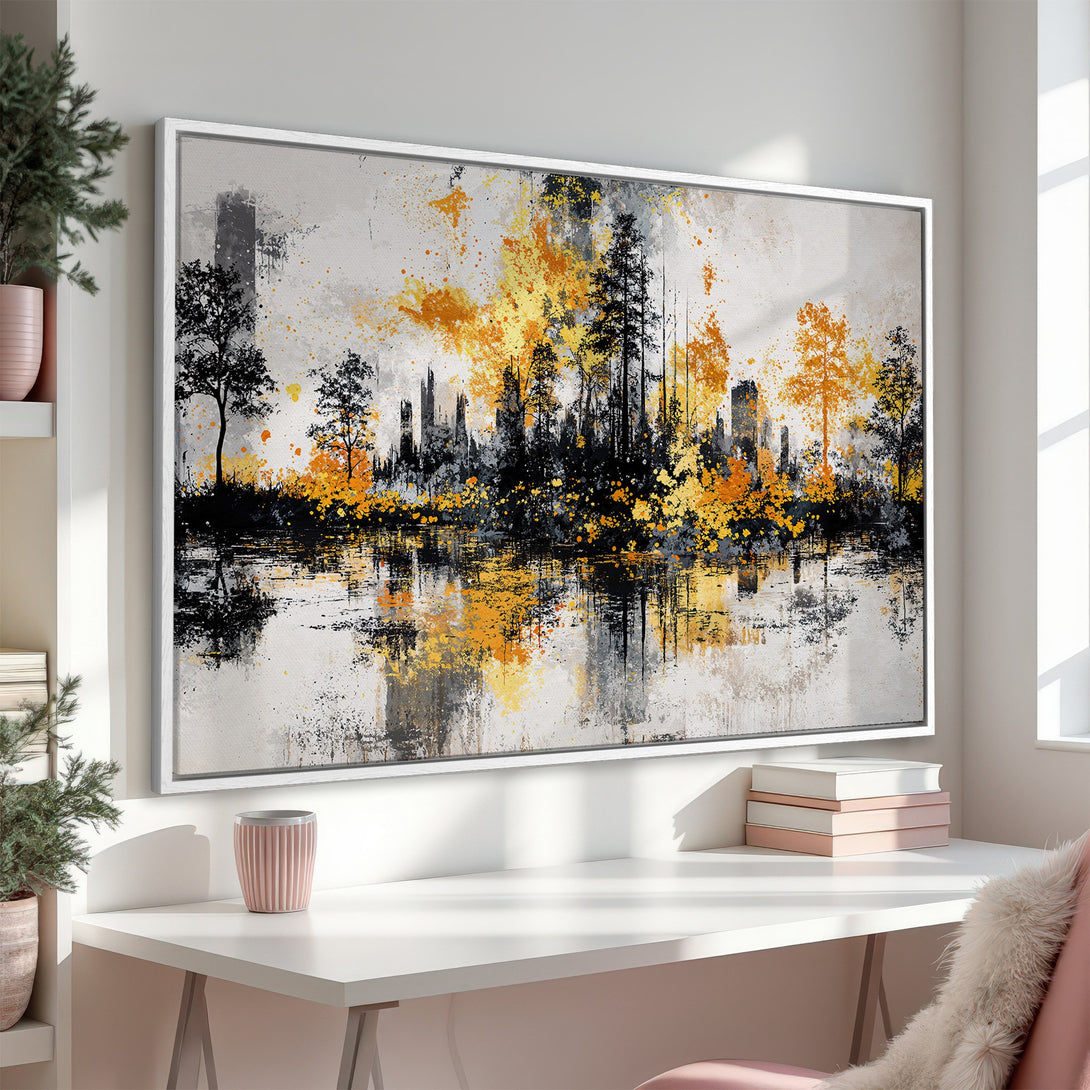 Framed Wall Art: Abstract landscape Canvas Print with black trees, gold and gray accents. Modern art for home decor.