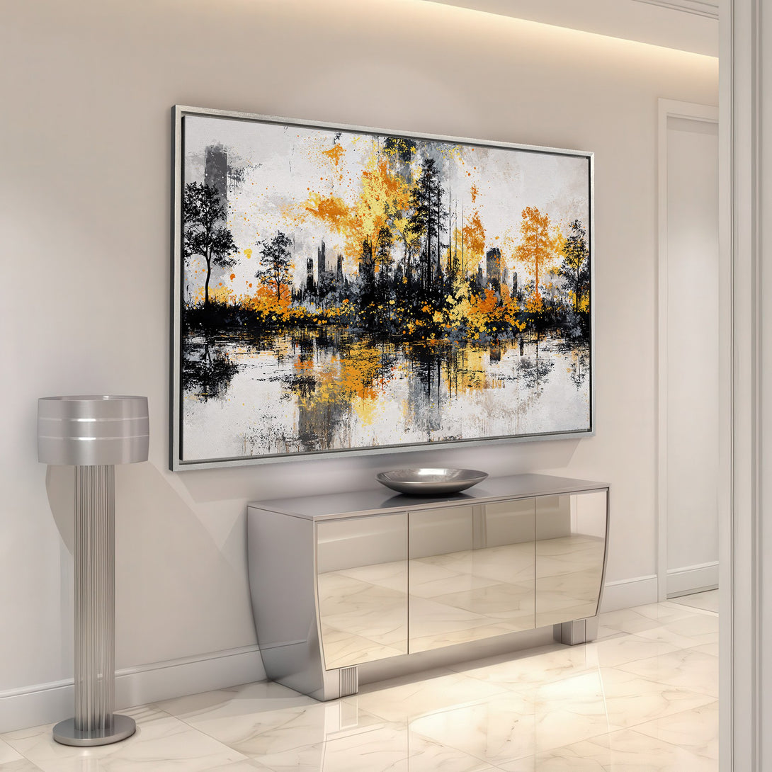 Framed Wall Art featuring an abstract landscape in a modern style. The Canvas Print showcases a black, gold, and gray color palette, perfect for any interior.