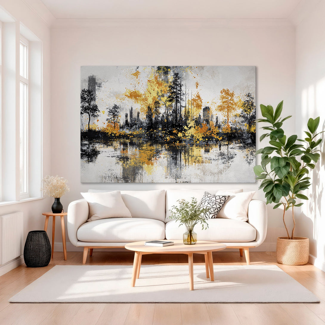 Framed Wall Art: Abstract landscape Canvas Print with black, gold, and gray color palette. Modern art for living room decor.