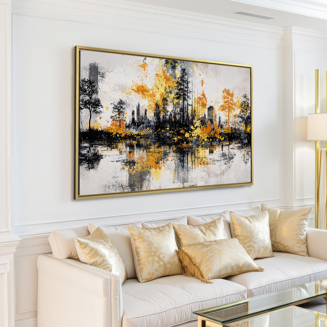 Abstract landscape Canvas Print with black, gold, and gray color palette. Modern wall art for living room decor.